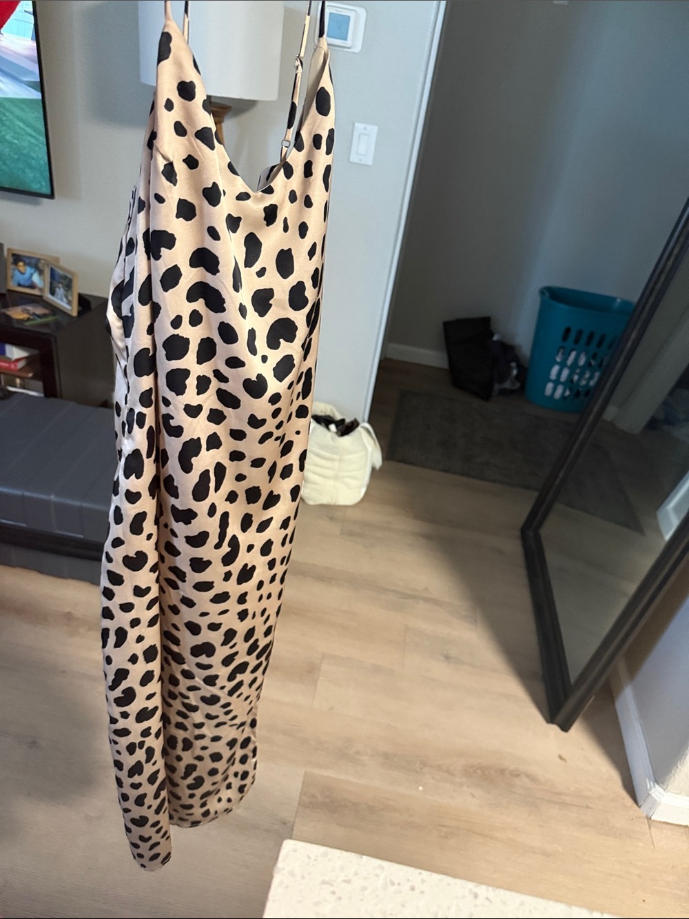 essue Leopard-Spot Satin Slip Dress in Beige and Black